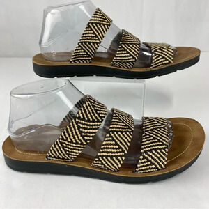 Corkys Womens 10 Dafne 3 Strap Black and Beige Rattan Slide Sandals